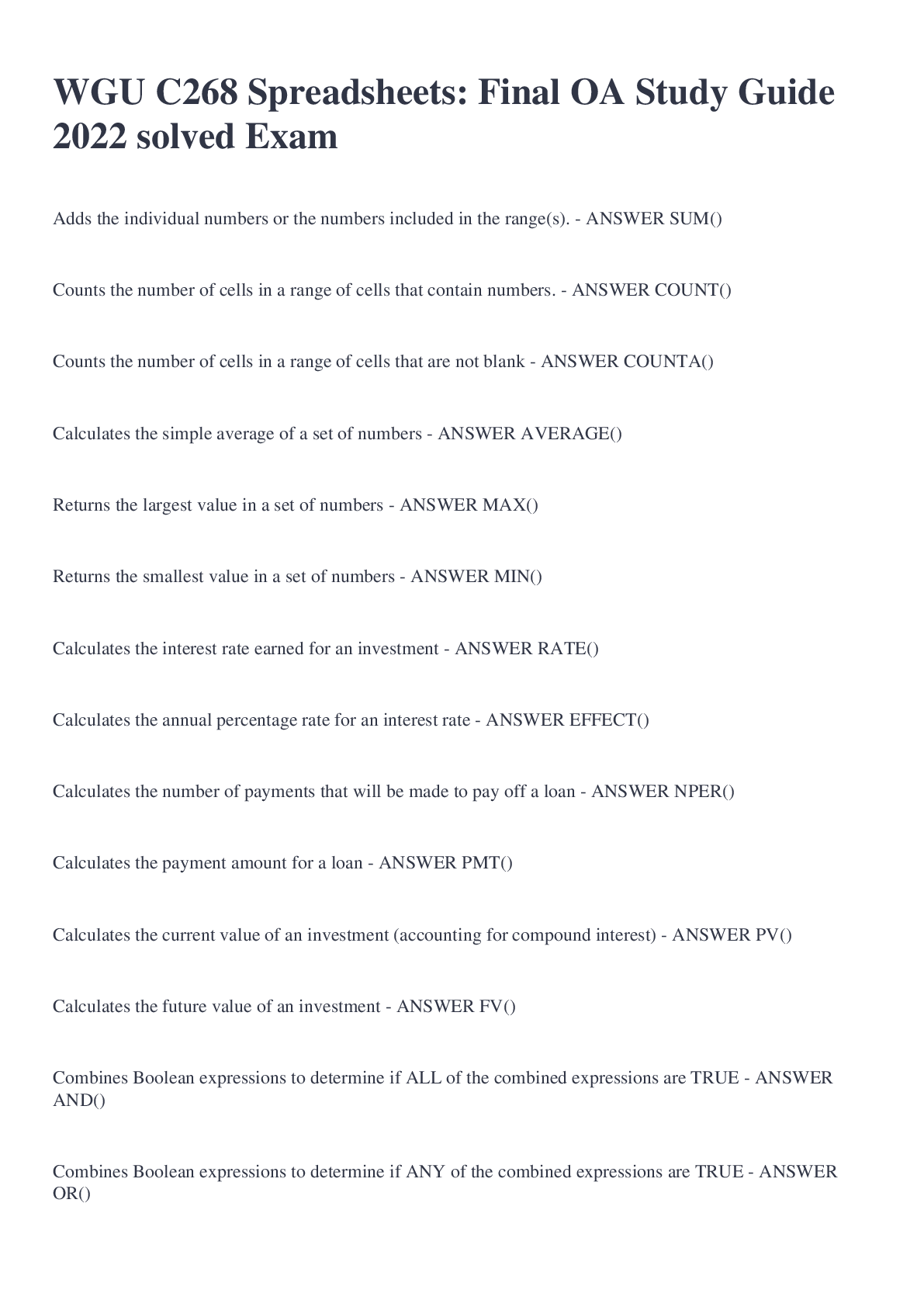 Preview image for WGU C268 Spreadsheets: Final OA Study Guide 2022 solved Exam